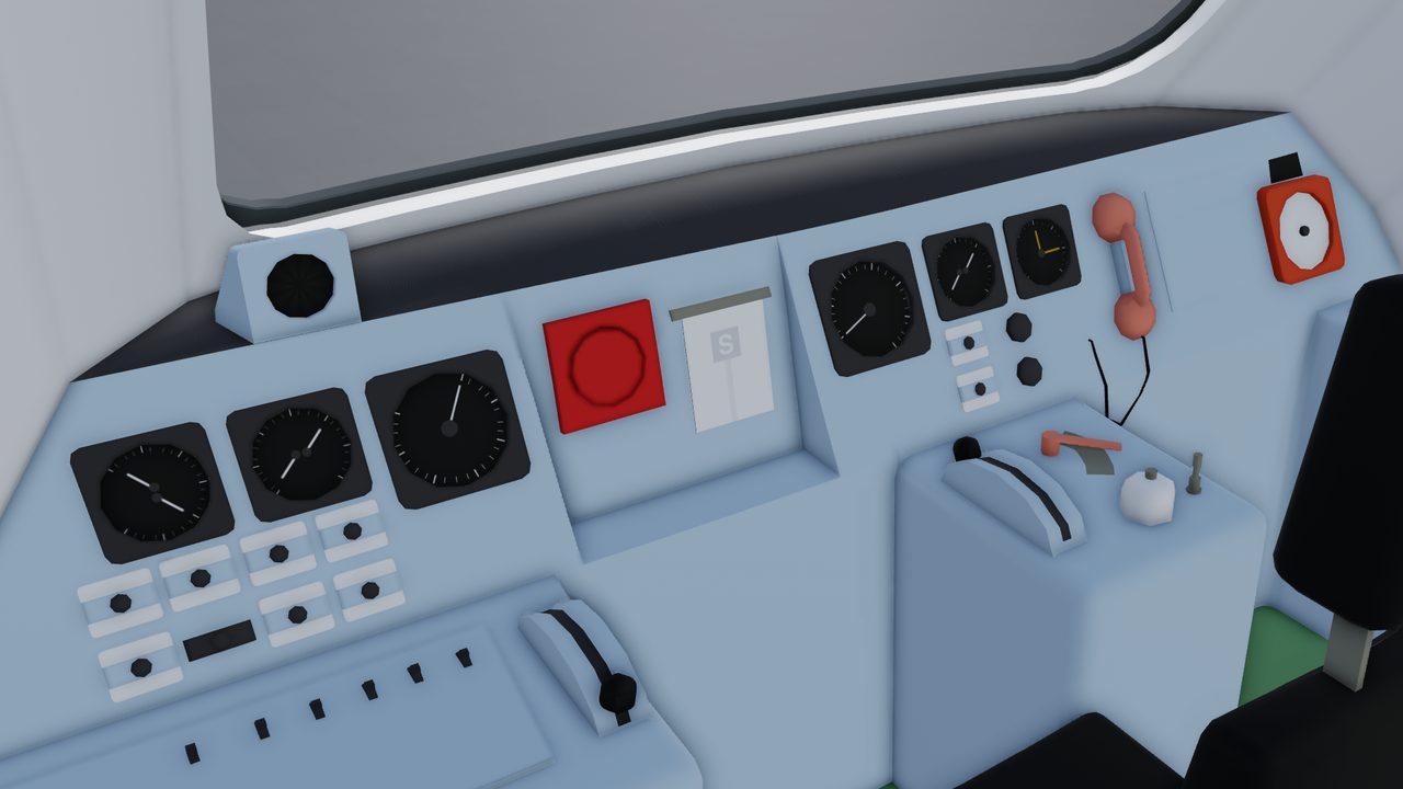 The driving cab of the Class 43 HST Power Car, with gauges, brake controller and a cab radio handset.